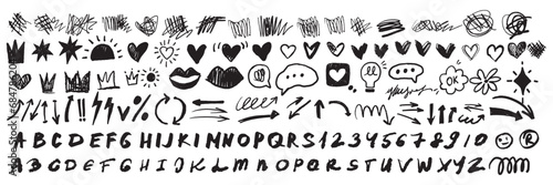 Scribble doodle set, paint underline children marker scratch, vector pen squiggle kit, black stroke. Kids hand drawn pencil abstract sketch, handwriting font alphabet, texture heart. Scribble doodle