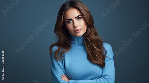 Youthful european female with oval facedark eyes with reasonable straight hair t dressed in free blue sweater holding hand on chin looking with astute expression photo