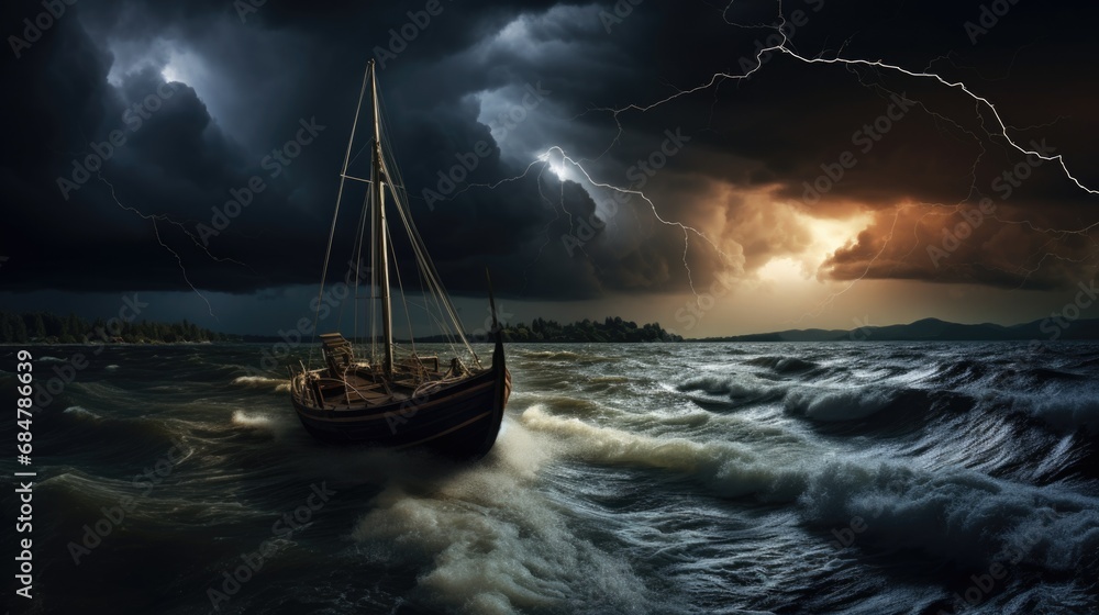 Boat in a stormy sea during a storm.