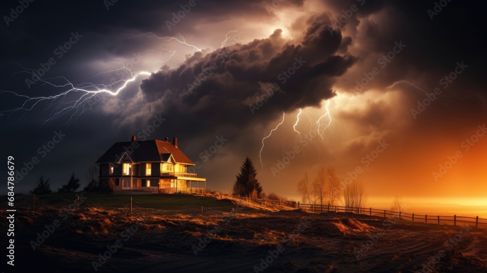 Lightning strikes a detached house. Natural disasters and cataclysms. Real estate insurance.