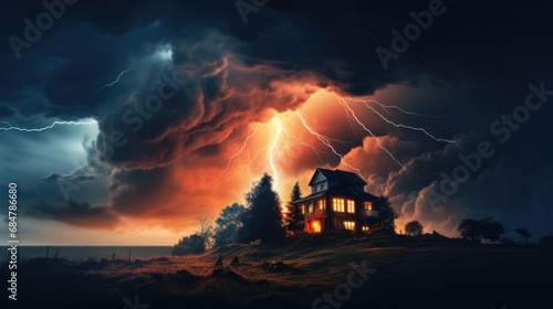 Lightning strikes a detached house. Natural disasters and cataclysms. Real estate insurance. photo