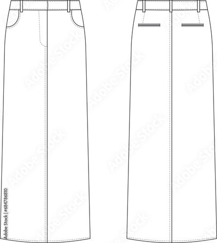 long maxi skirt denim jean modest skirt template technical drawing flat sketch cad mockup fashion woman 