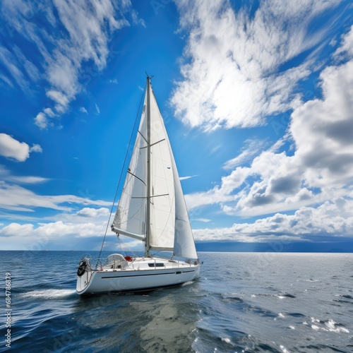 Sailing yacht at sea in good weather against the blue sky. Leisure and hobbies, travel. © Restyler