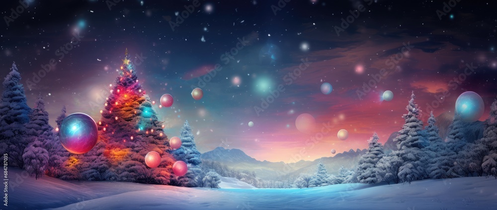  a painting of a snowy landscape with a christmas tree in the foreground and colorful lights on the trees in the background.