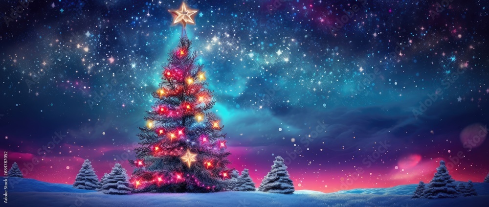 a brightly lit christmas tree in the middle of a snowy landscape with trees and stars on the top of it. a brightly lit christmas tree in the middle of a snowy landscape with trees and stars on the top of it.