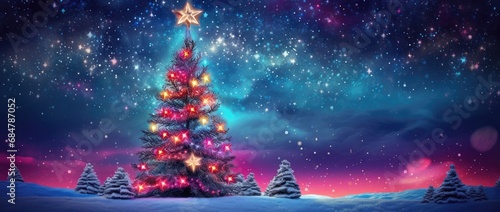  a brightly lit christmas tree in the middle of a snowy landscape with trees and stars on the top of it.