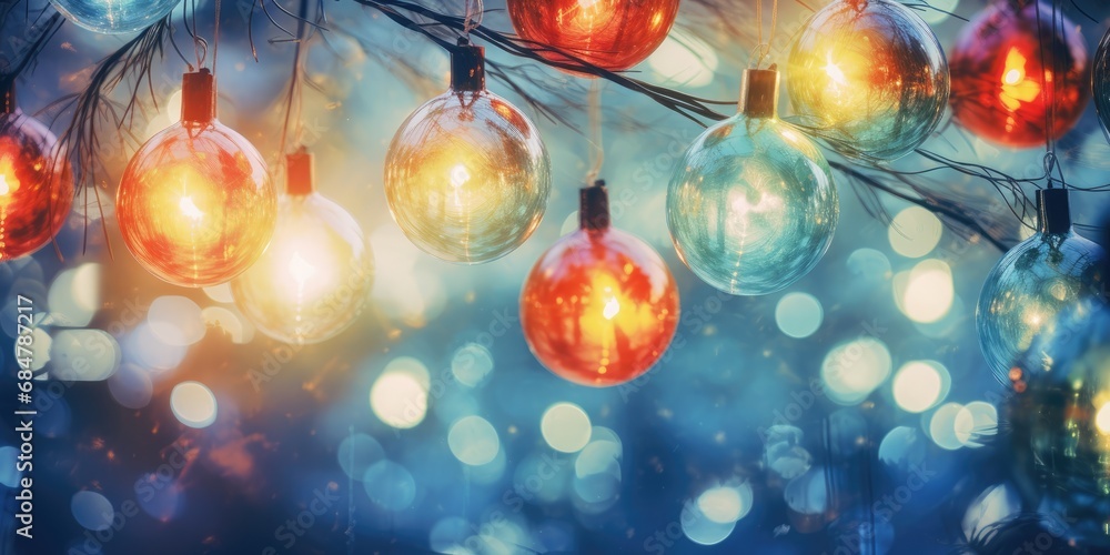 a bunch of christmas lights hanging from a tree branch in front of a blurry background of boke of lights. a bunch of christmas lights hanging from a tree branch in front of a blurry background of boke of lights.