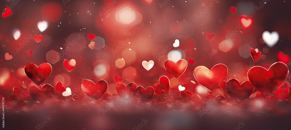  a group of red hearts floating in the air with boke of light in the back ground and a blurry background.