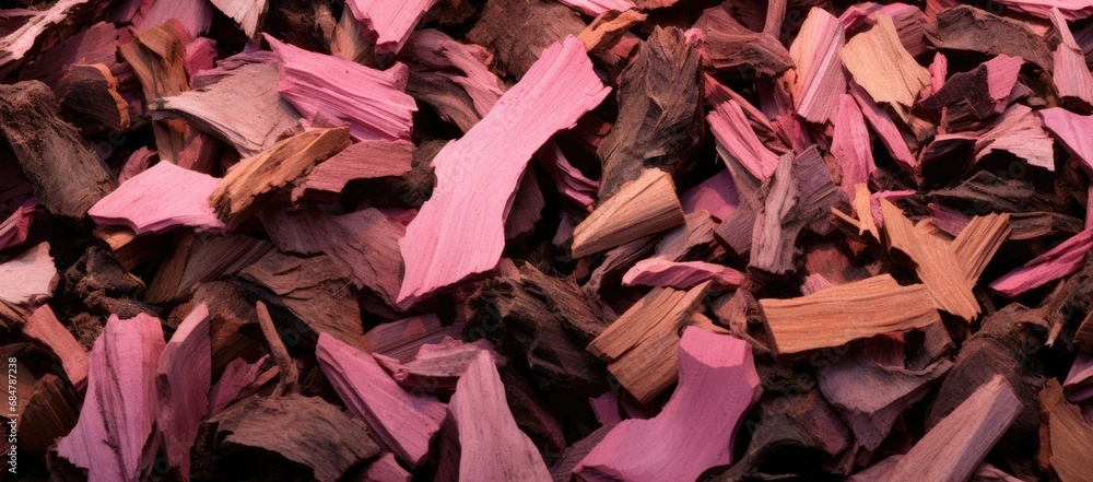  a pile of wood shavings that are pink and brown and brown and pink and brown shavings that are pink and brown and brown.