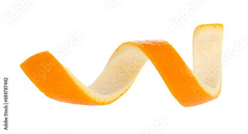 Spiral form of orange skin isolated on a white background, top view. Orange peel. Citron.