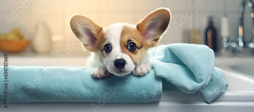  a small brown and white dog laying on top of a blue towel on a sink next to a faucet.