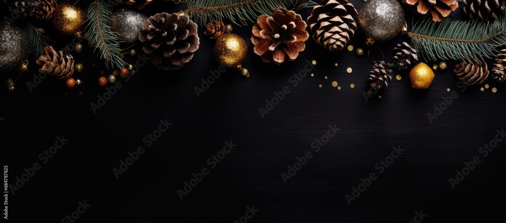 christmas decorations and pine cones on a black background with a place for a text or an image with a place for your own text. christmas decorations and pine cones on a black background with a place for a text or an image with a place for your own text.