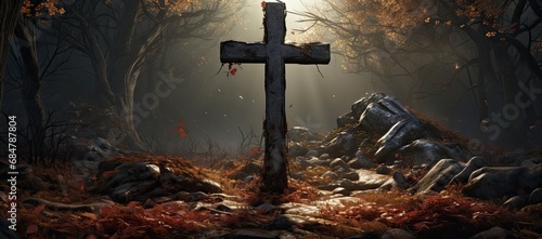 Canvas Print a cross sitting in the middle of a forest with a light coming through the trees and leaves on the ground