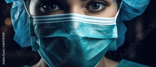  a close up of a person wearing a surgical mask and looking at the camera with a surprised look on their face.