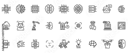 Artificial intelligence icon set. Ai icons, technology, future, science, robots, machine learning, cloud systems, delivery, medical diagnosis, identification etc.