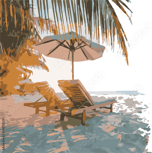 two sun loungers on the seashore under palm trees