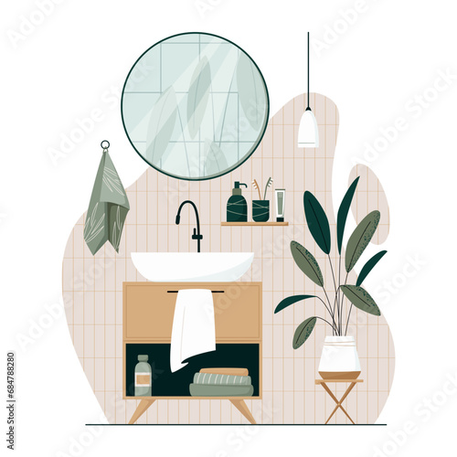 Bathroom interior design flat vector illustration.  Bathroom cabinet with sink, mirror, bathroom furniture, accessories and plants. Japandi or Scandinavian interior style isolated on white