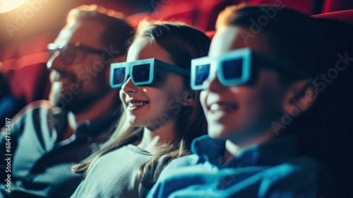 A cheerful group of friends enjoying a movie together in a blue movie theater