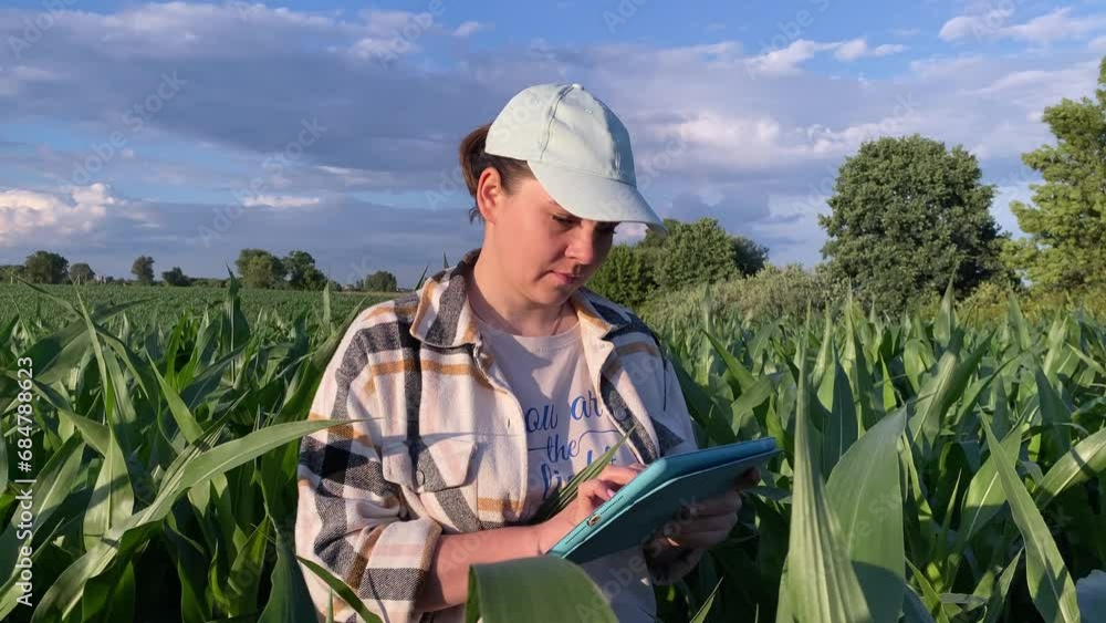 Young woman agronomist in a cornfield conducting research, using digital tablet outdoors. Female farmer working, looking away at field. Agriculture farming exploration. Dramatic cloudy sky background Young woman agronomist in a cornfield conducting research, using digital tablet outdoors. Female farmer working, looking away at field. Agriculture farming exploration. Dramatic cloudy sky background