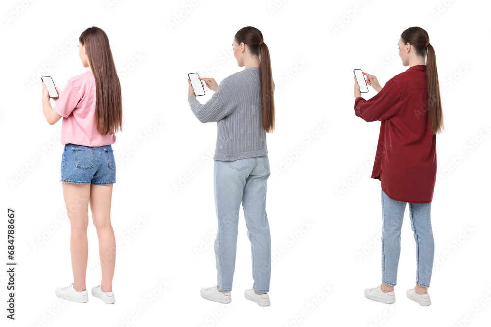 Woman using smartphone on white background, set of photos Woman using smartphone on white background, set of photos