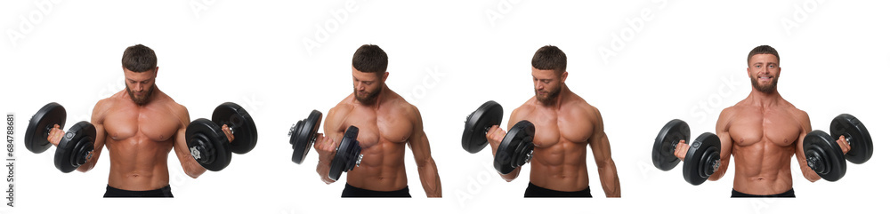 Handsome bodybuilder training on white background, set of photos Handsome bodybuilder training on white background, set of photos