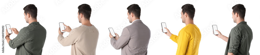 Man using smartphone on white background, set of photos Man using smartphone on white background, set of photos