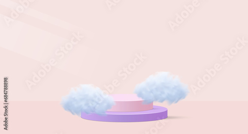 Valentine background vector 3d pink rendering with podium and cloud. Realistic room scene. Stage mockup cosmetic on pink color. Vector illustration concept