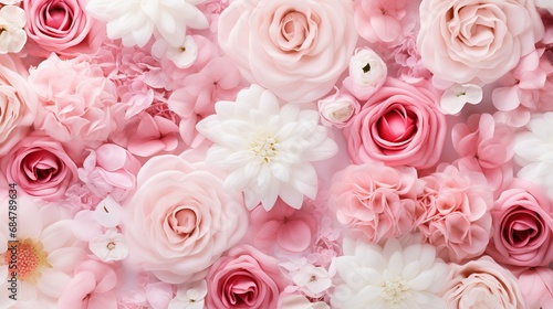 A combination of pink rose buds and white flowers in an assortment.
