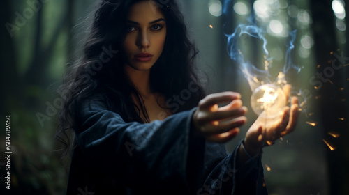Foto young wizzard woman making a magic ball of light, fine and energy from her hands in a dark forest