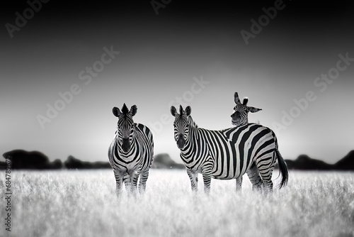 Black and white wildlife photography theme  a group of zebras on the savannah  eye contact  art processing. Suitable for poster or painting. Photographic safari in Moremi reserve in Botswana.