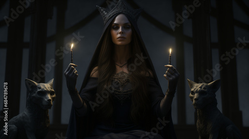Dark beautiful goddess Hecate with a veil and black dress, holding two candles, alongside two dogs or sphynx cats on either side. Dark incantation for a magical ritual in the night