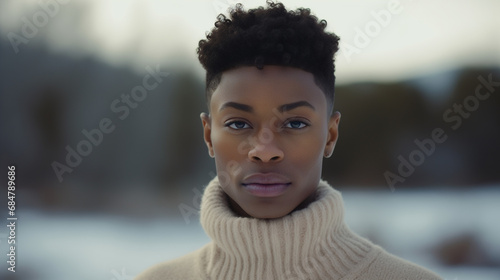Portrait of a non binary person of racialized ethnicity. African american anfrogynous man reflecting new genders and sexual identities within the LGBTQ+ community  photo