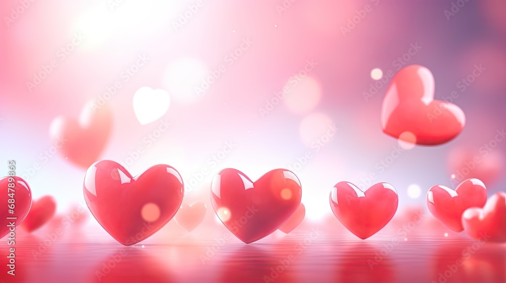  a group of red hearts floating in the air on a pink and blue background with boke of light around them.