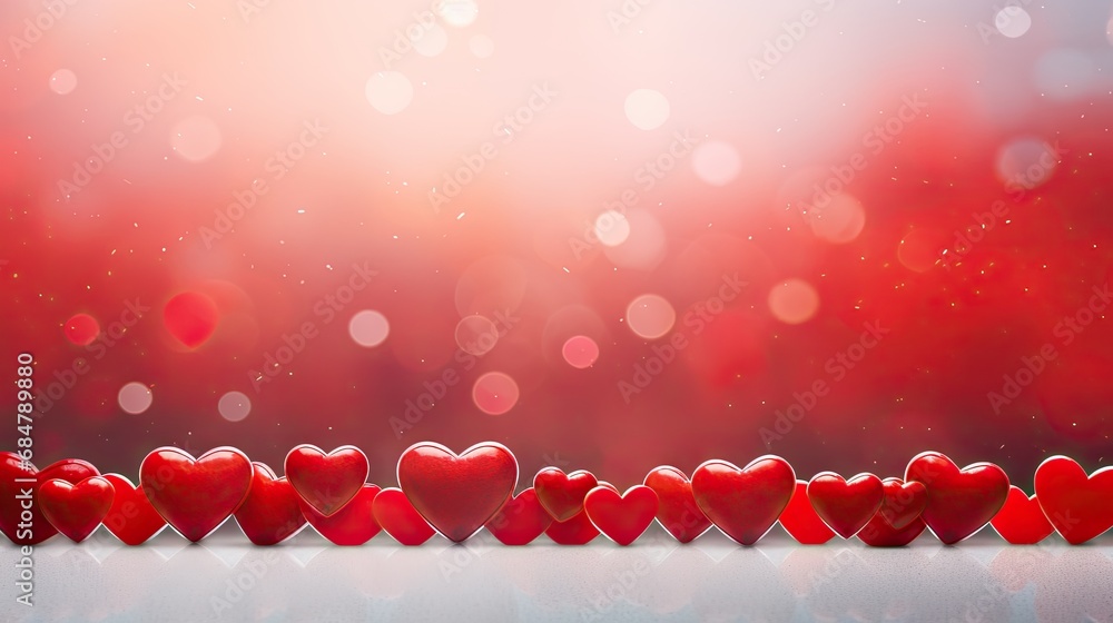  a group of red hearts lined up in a row on a white surface with boke of light in the background.
