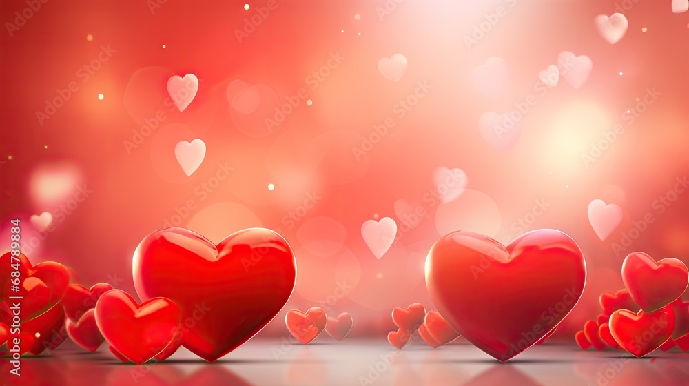  a group of red hearts on a red and pink background with a boke of hearts in the foreground.