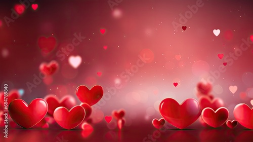 a group of red hearts floating in the air on a red background with a boke of hearts in the air.