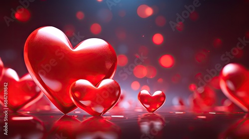  a group of red hearts sitting next to each other on top of a black surface with red lights in the background.