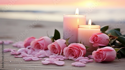 A floral composition that includes eucalyptus and delicate pink flowers and candles outdoors