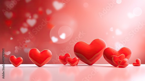  a group of red hearts sitting next to each other on top of a white table next to a red wall.