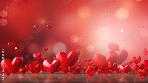  a bunch of red hearts floating in the air on a red background with boke of lights in the background. © Jevjenijs