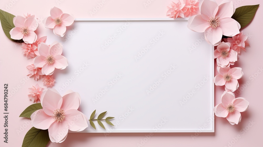 A photo frame made of pink and white paper that features flowers A photo frame made of pink and white paper that features flowers