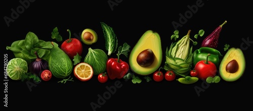  a group of fruits and vegetables are arranged in a row on a black background  including an avocado.