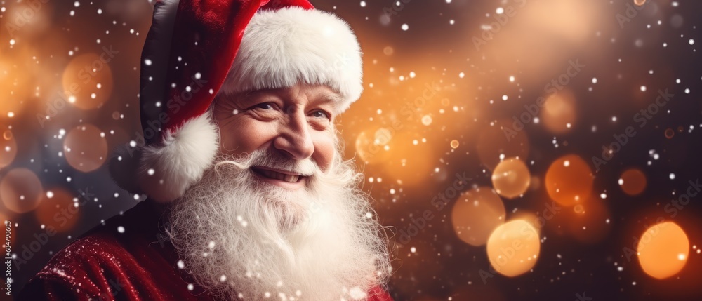 a close up of a person wearing a santa clause hat and smiling at the camera with a boke of lights in the background. a close up of a person wearing a santa clause hat and smiling at the camera with a boke of lights in the background.