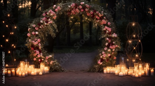 A stunning location for photos boasts a large wreath filled with greenery and roses, candle centerpieces on either side, and garland hanging between trees.