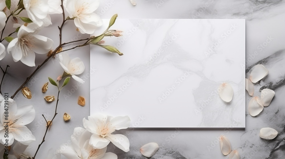 A wedding card that is flat laid and has white flowers as decorations. A wedding card that is flat laid and has white flowers as decorations.