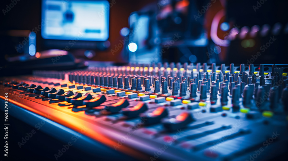 Audio mixing console in the recording studio. Selective focus. Shallow depth of field