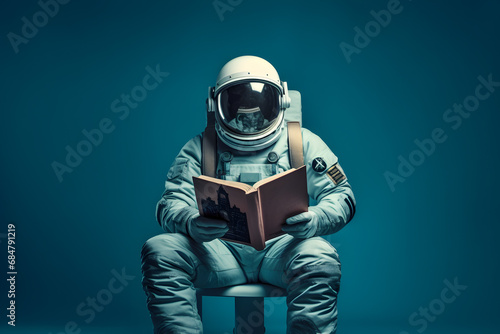 Cute spaceman or astronaut reading book. AI generative.