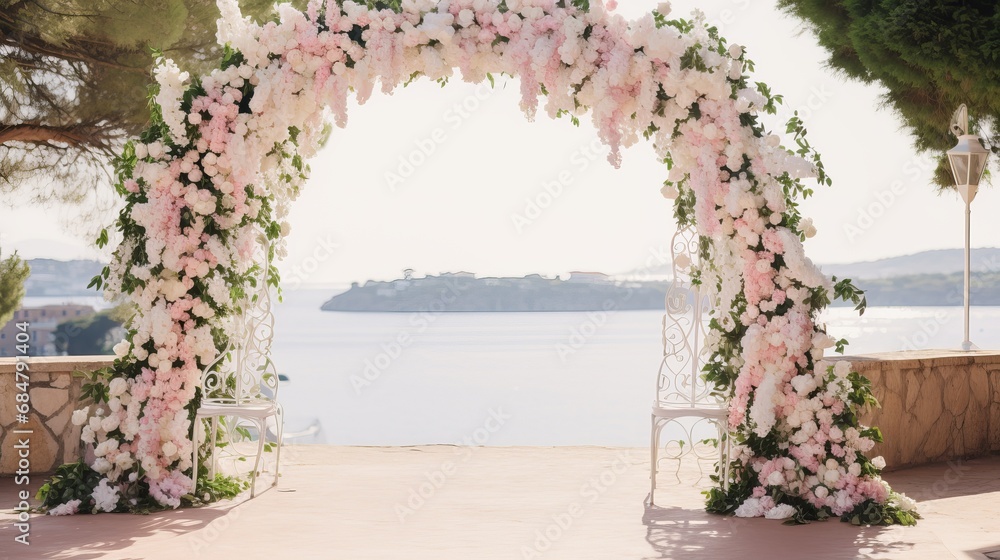 An outdoor archway decorated with floral compositions is a sight to see.