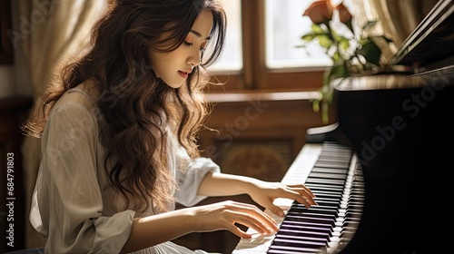 Young asian girl playing piano at home.