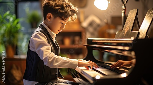 Young Asian boy playing piano at home. photo